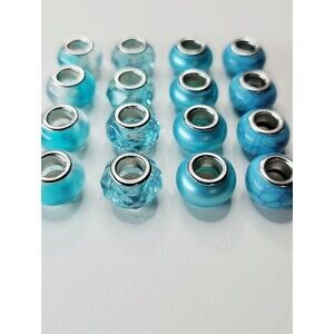 New! For Pandora 16 Aqua Blue And Silver Acrylic Large Hole European Charm Beads